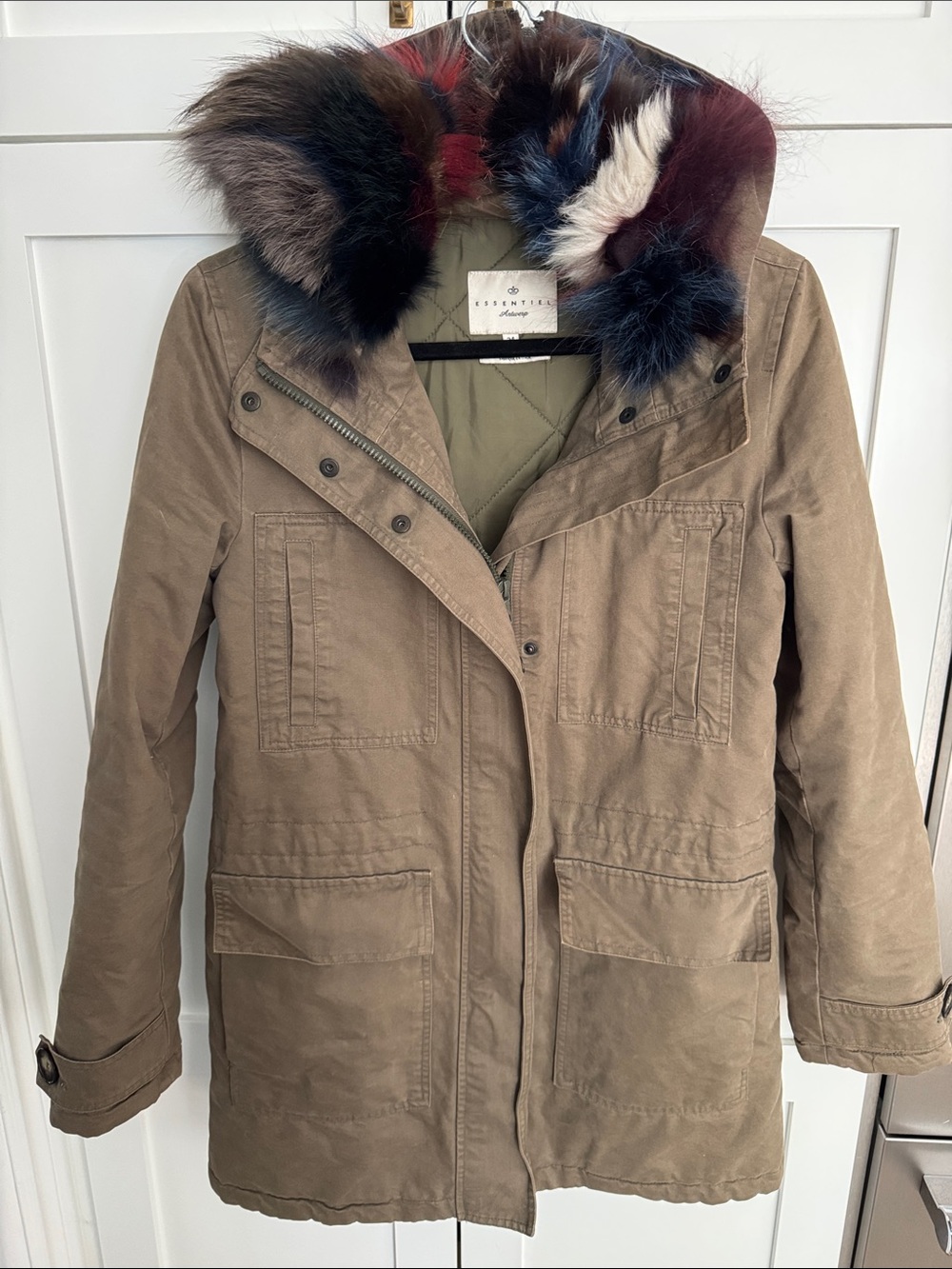 Essentiel Khaki Utility Parka with Multicolor Fur Trim Hood